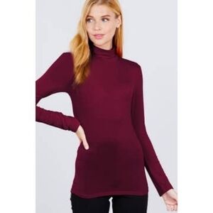 Burgandy Second Skin Semi Sheer Turtleneck Long Sleeve Tee Shirt